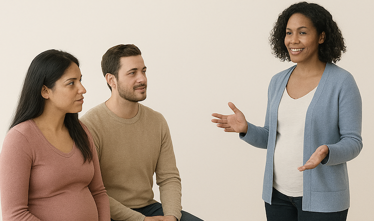 a childbirth educator teaching a pregnant couple